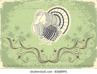 Thanksgiving decoration postcard.Grunge background with turkey.