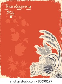 Thanksgiving decoration postcard.Grunge background with turkey.