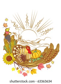 Thanksgiving decoration with turkey and pumpkins . Vector symbol