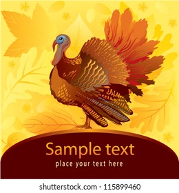 Thanksgiving decorative card with turkey on autumn background