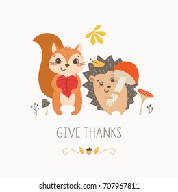 Thanksgiving design with cute happy squirrel and hedgehog.