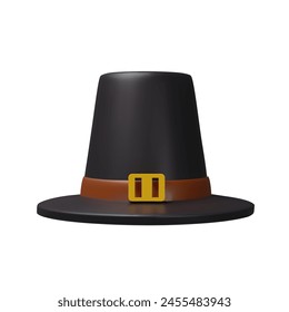 Thanksgiving design element. Classic 3D vector black hat with gold buckle depicting pilgrim's clothing presented on an isolated background for holiday theme decoration.