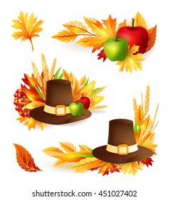 Thanksgiving design elements. Pilgrim hat with harvest fruits, vegetables and autumn leaves. Holiday vector decorations.