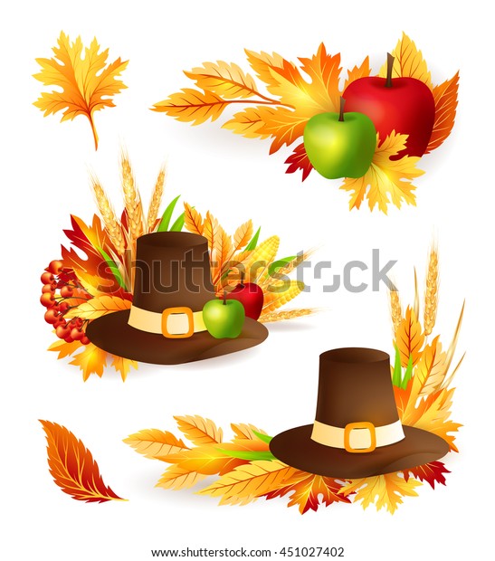 Thanksgiving\
design elements. Pilgrim hat with harvest fruits, vegetables and\
autumn leaves. Holiday vector\
decorations.