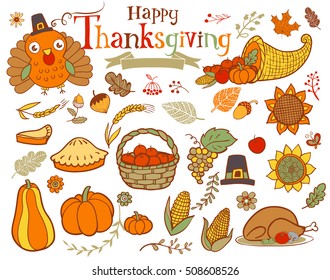 Thanksgiving design elements for poster or greeting card with holiday traditional symbols.