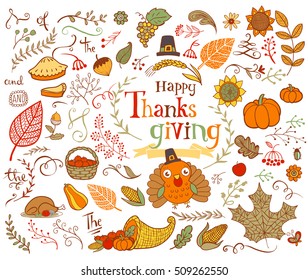 Thanksgiving design elements for poster or greeting card with holiday traditional symbols.
