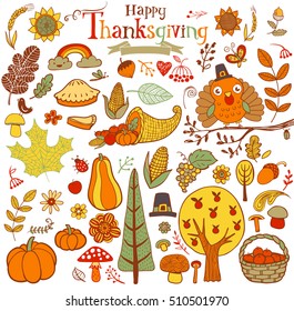 Thanksgiving design elements for poster or greeting card with holiday traditional symbols.