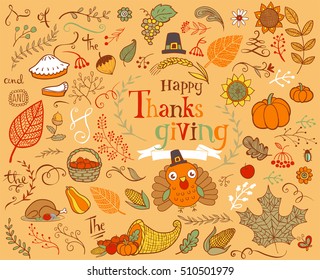 Thanksgiving design elements for poster or greeting card with holiday traditional symbols.