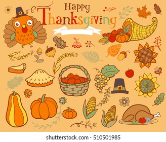 Thanksgiving design elements for poster or greeting card with holiday traditional symbols.