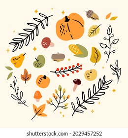 Thanksgiving design elements. Pumpkin, fruits, autumn, leaf, vegetables. Flat style. Vector illustration.