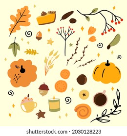 Thanksgiving design elements. Pumpkin, fruits, autumn, leaf, vegetables. Flat style. Vector illustration.