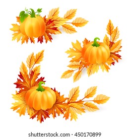 Thanksgiving design elements. Pumpkins with autumn leaves. Holiday vector decorations.