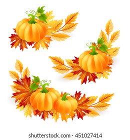 Thanksgiving design elements. Pumpkins with fall leaves.  Autumn holiday vector decorations.