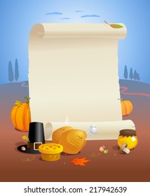 Thanksgiving design with empty paper roll and traditional stuffs, white space for text