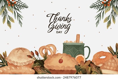 Thanksgiving design with food and autumn leaves illustration. banner template with pie, bread,  pretzel and  hot drink illustration.