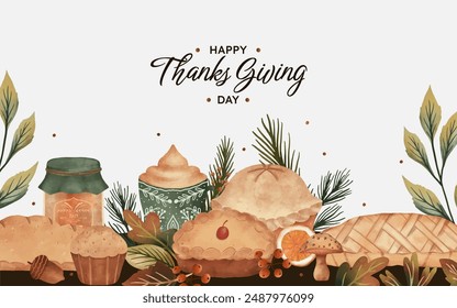 Thanksgiving design with food and autumn leaves illustration. banner template with pie, bread, hot drink and jam in jar.
