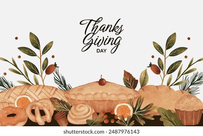 Thanksgiving design with food and autumn leaves illustration. banner template with pie, bread, pretzel and cup cake illustration.