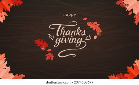 Thanksgiving design with Happy Thanksgiving lettering on a wooden texture background. For holiday greetings, cards, and posters, it adds a rustic touch to your autumn projects. Not AI generated.