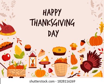 Thanksgiving design with holiday symbols turkey, pumpkin, pie. Vector illustration