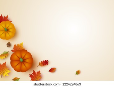 Thanksgiving design of pumpkin and maple leaves with copy space vector illustration