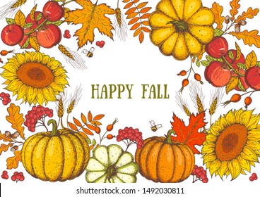 Thanksgiving design template. Hello autumn illustration. Harvest festival. Hand drawn frame with fall leaves, pumpkin and sunflower. Vector illustration