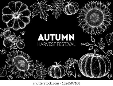 Thanksgiving design template. Sketch design. Hello autumn illustration. Harvest festival. Hand drawn frame with fall leaves, pumpkin and sunflower. Vector illustration 
