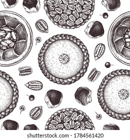 Thanksgiving dessert backdrop. Hand sketched cakes with apple, pecan, pumpkin seamless pattern. Traditional pies for Thanksgiving dinner in vintage style.  Top view autumn food background