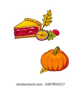 Thanksgiving dessert set. October Halloween food. Pumpkin Orange Logo, icon, print, blank for the designer