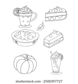 Thanksgiving dessert set. October Halloween food. Pumpkin Orange Logo, icon, print, blank for the designer. Colouring book