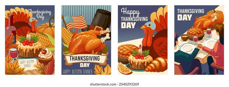 Thanksgiving dinner. Autumn food table poster. Family party background. Holiday icons, event with feast, turkey dish. Happy people on dinner. Vector cartoon flat isolated illustration flyer design