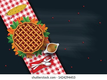 Thanksgiving dinner background with turkey and all sides dishes, pumpkin pie, fall leaves and seasonal autumnal decor on wooden background, top view, copy space