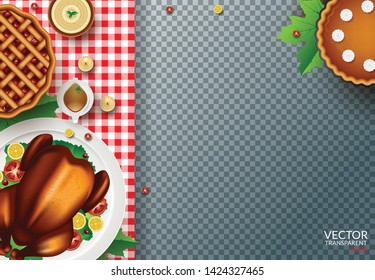Thanksgiving dinner background with turkey and all sides dishes, pumpkin pie, fall leaves and seasonal autumnal decor 