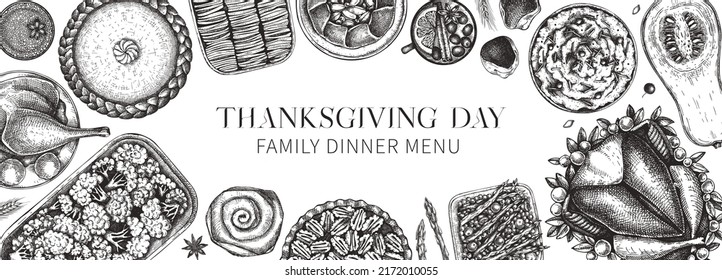 Thanksgiving dinner banner. Fall food and drinks frame design. Sketched roasted turkey, cooked vegetables, baked goods, desserts sketches. Vintage autumn food template. Thanksgiving background