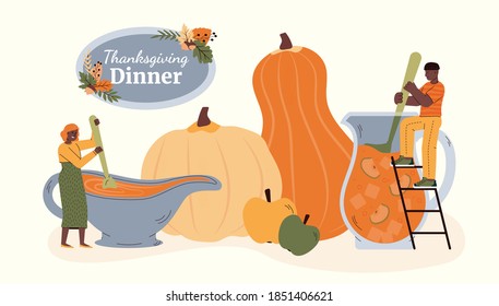 Thanksgiving dinner banner or poster template with cartoon people cooking from autumn fruits and vegetables, flat vector illustration isolated on white background.