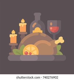 Thanksgiving dinner with candles flat illustration. Roasted turkey and wine