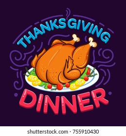Thanksgiving dinner card design. Thanksgiving Day card with turkey illustration and flourish elements. Vector illustration.