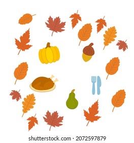 Thanksgiving dinner celebration, traditional with Happy Thanksgiving text. Thanksgiving. Pumpkin and dried leaves