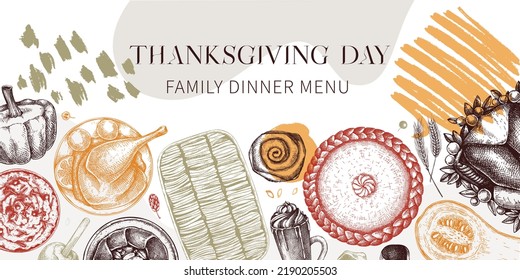 Thanksgiving dinner collage. Fall food and drinks trendy frame design. Sketched roasted turkey, vegetables, baked goods, and desserts sketches. Vintage autumn food template. Thanksgiving background