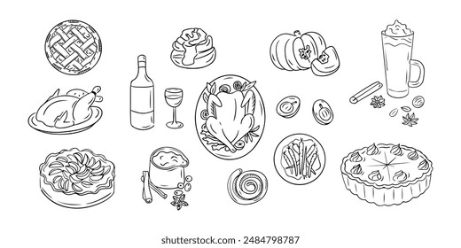 Thanksgiving dinner doodle set. Monochrome vector contour stickers with food and drinks isolated oh white background. Sketchy drawing of meals, pies and autumn fruits. Could be used for coloring pages