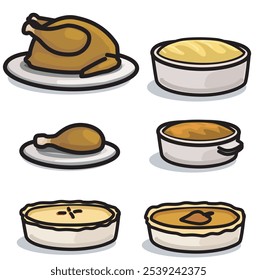 Thanksgiving Abendessen einfache Vektorsymbol-Illustration Gericht einfache Vektorsymbole fallen Feier Truthahn Kartoffel Apfelkuchen Kürbis Kuchen Herbst Essen einzeln auf weißem Hintergrund