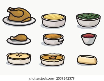 Thanksgiving-Abendessen einfache Vektorsymbol-Illustration Gerichte einfache Vektorsymbole Tisch Herbst Feier Truthahn Kartoffelbrei Herbst Essen einzeln auf weißem Hintergrund