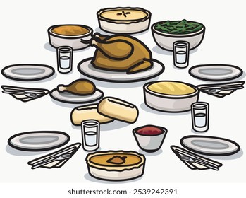 Thanksgiving-Abendessen einfache Vektorsymbol-Illustration Tisch Herbst Feier Truthahn Kartoffelbrei Herbst Essen einzeln auf weißem Hintergrund