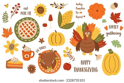 Thanksgiving dinner element set. Roasted turkey, pumpkin pie, corn. Vector traditional holiday meal, leaves, branches, fall berry, flowers, quotes, sayings. Hand drawn autumn cartoon illustration.