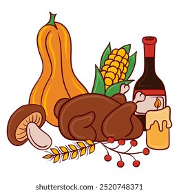 Thanksgiving dinner elements icon. Roast turkey, squash, corn, autumn food symbols, family meal, holiday gathering, harvest celebration, cozy tradition.