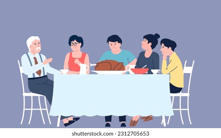 Thanksgiving dinner with family and turkey. People sitting at table with traditional meals. Holiday lunch, happy eating group, recent vector scene