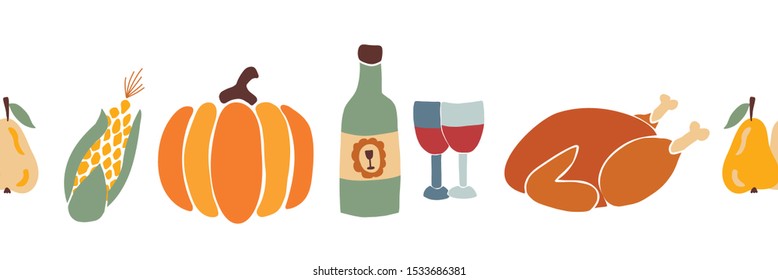 Thanksgiving dinner food seamless vector border. Autumn roast turkey corn wine pumpkin family dinner greeting card pattern design. Harvest festival. Fall party invitation banner. Happy Thanksgiving