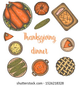 Thanksgiving dinner hand drawn vector set, isolated colored design elements.