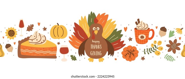 Thanksgiving dinner horizontal seamless border with turkey, pumpkin pie, pumpkin spice latte, autumn leaves, sunflower hand drawn in cute cartoon. Fall food vector illustration for Thanksgiving day.