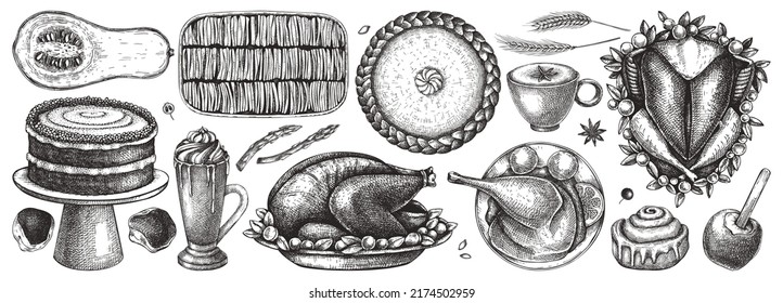 Thanksgiving dinner illustrations. Traditional autumn food. Roasted turkey, cooked vegetables, desserts, cakes, hot drinks sketches. Harvest festival food in sketched style. Thanksgiving table design 