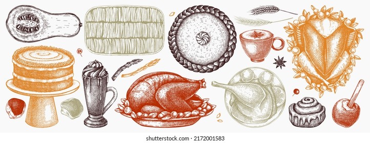 Thanksgiving dinner illustrations. Traditional fall festival food - roasted turkey, cooked vegetables, desserts, cakes, drinks sketches. Sketched autumn food set. Thanksgiving table design elements